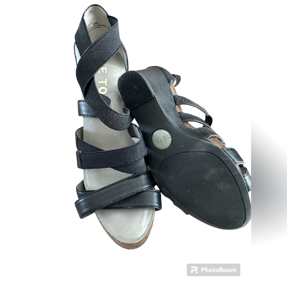 Me Too women Foxy black Napa leather and elastic Strappy wedge sandals, size 6.